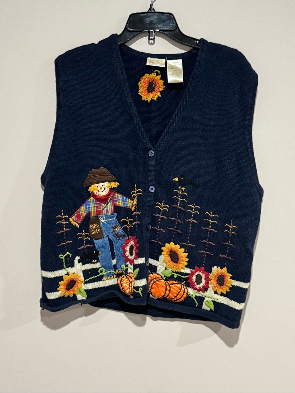 Bobbie Brooks Fall Cardigan Sweater Vest Scarecrow Sunflowers Pumpkins Women XL